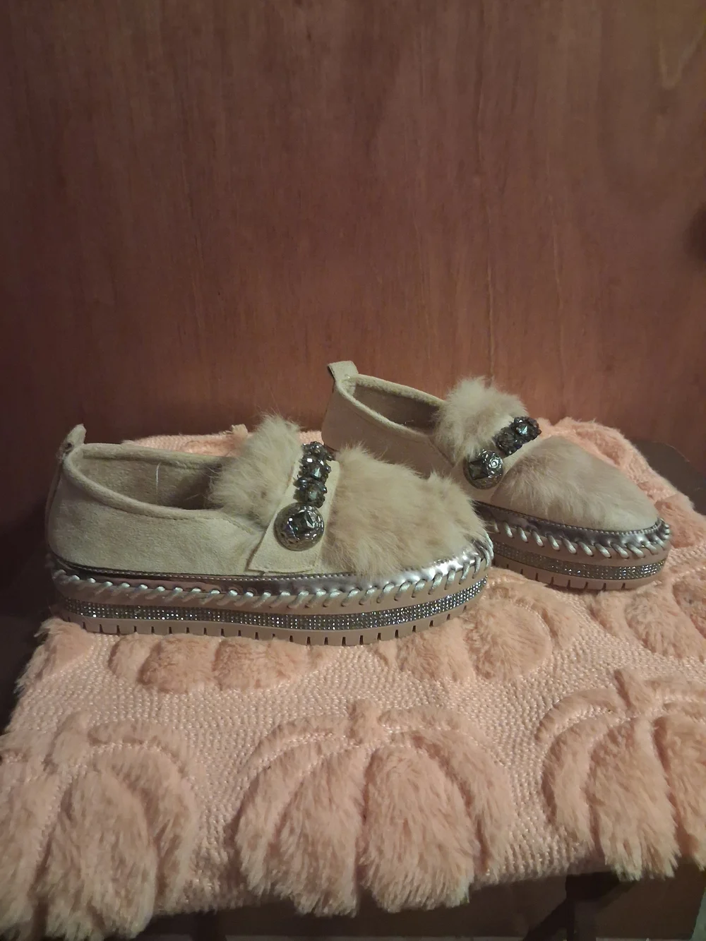 Faux-Fur Jewel Strap Women's Slip-On Loafers - Cream